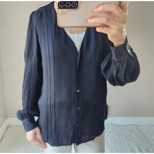 NWOT L'agence V Neck Button Front Semi-sheer Silk Blouse Size S Black